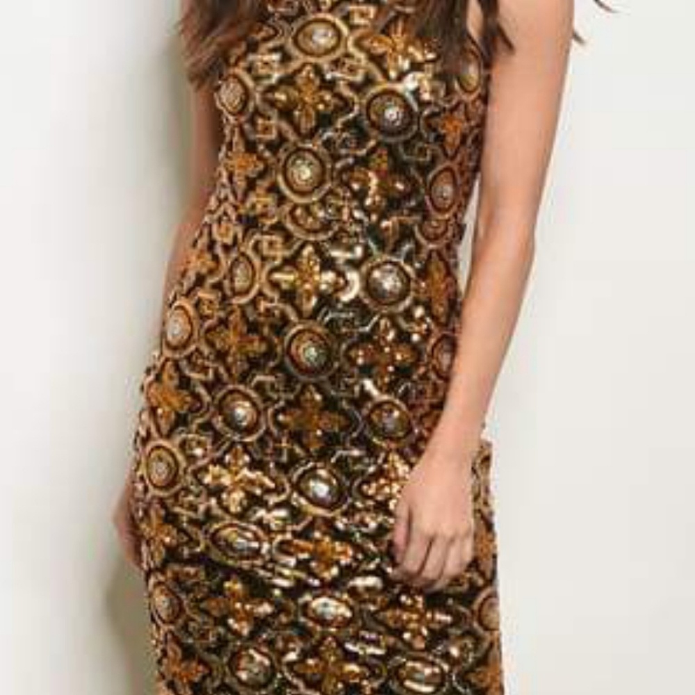 TIMELESS SEQUIN GLITTERING MAXI EVENING GOWN GOLD - Picture 5 of 5